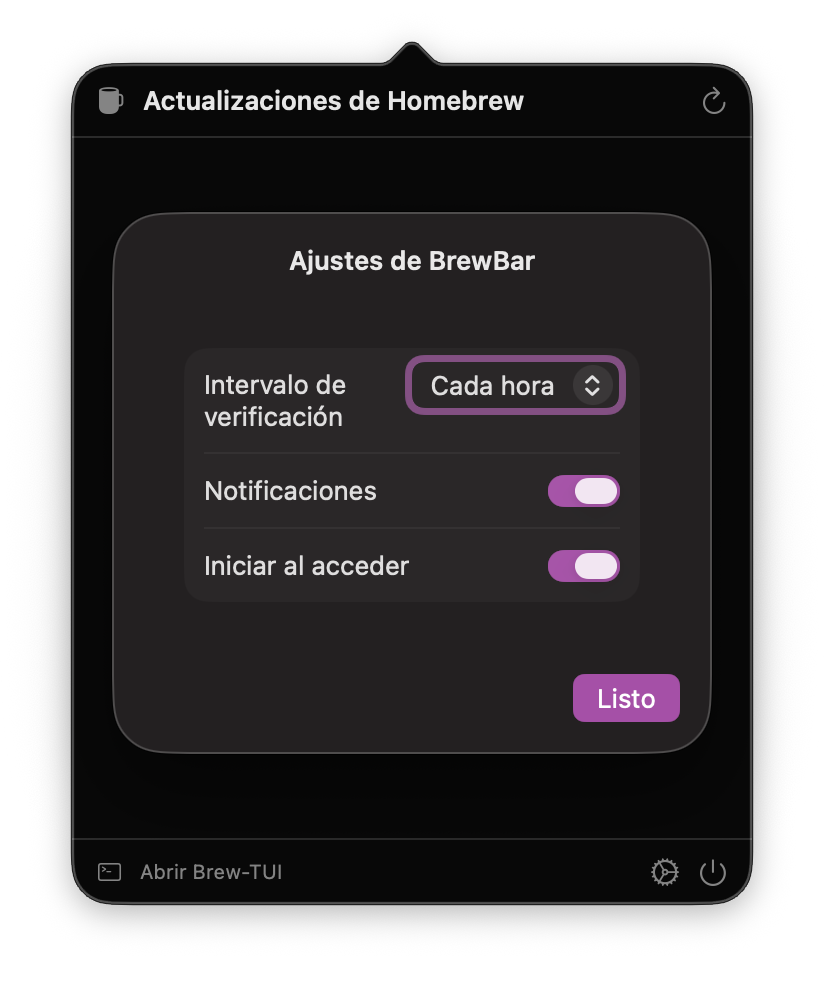 Brew-TUI-Bar settings popover